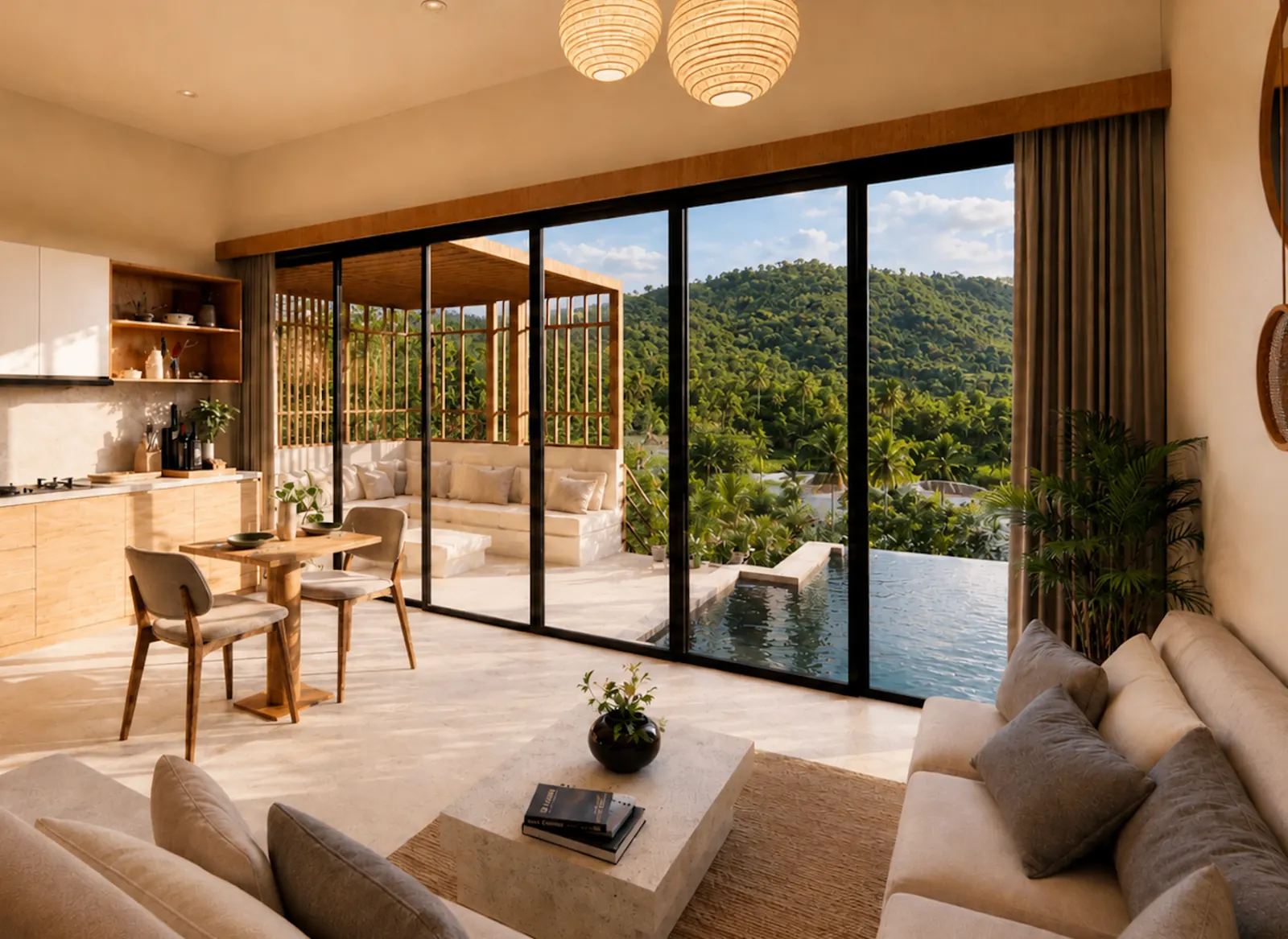 Vue depuis l'intérieur de la villa Essential : grandes baies vitrées ouvertes sur la jungle et la vallée